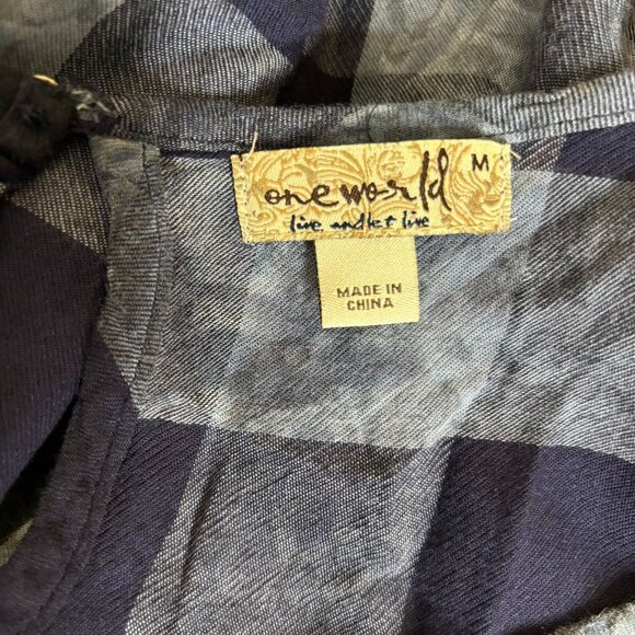 One World Plaid Tunic Top Ruffle Hem Medium Blue Bell Sleeves Keyhole Back - Picture 7 of 8